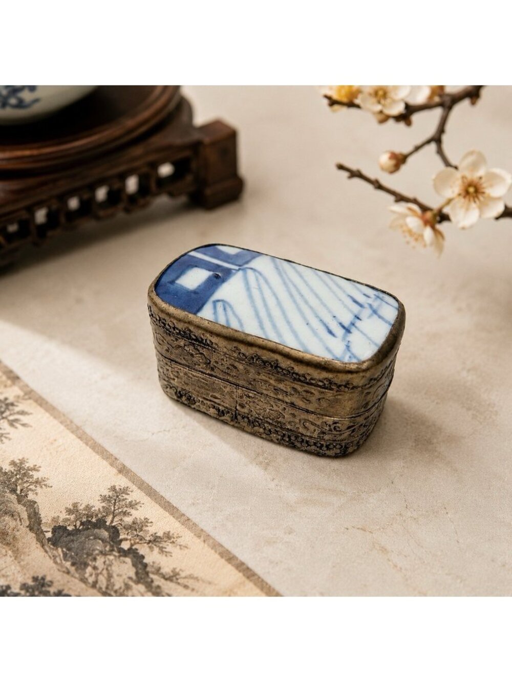 Vintage Porcelain Tile Chinese Silvertone Ornate Trinket Jewelry Box Oriental